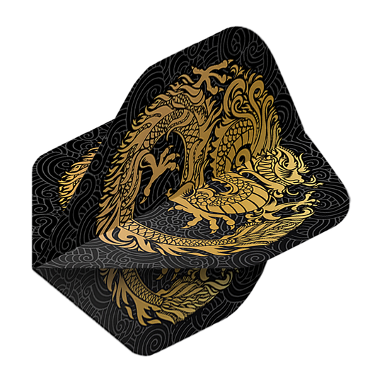 Pentathlonové lety Dragon black Auf dem Bild ist ein Pentathlon Dragon 2 Standard Flight zu sehen. Das Flight ist schwarz und mit einem goldenen Drachen verziert.