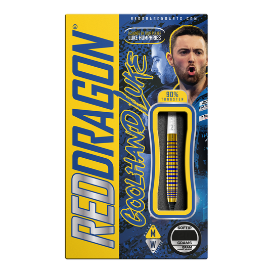 Šipky Red Dragon Luke Humphries TX3 Gold SE Softdarts - 20g Die Verpackung zeigt die "Red Dragon Luke Humphries TX3 Gold SE Softdarts - 20g". Auf der Box sind ein Dartpfeil, das Bild eines Spielers und auffällige gelbe und blaue Grafiken zu sehen.