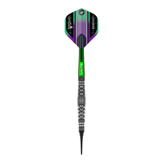 Freccette morbide con impugnatura atomizzata Winmau Simon Whitlock Das Bild zeigt den Winmau Simon Whitlock Atomised Grip Softdart. Der Dartpfeil hat grüne und schwarze Akzente sowie eine strukturierte Griffzone.