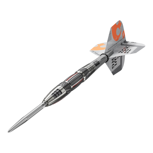 Dardos de acero Target Star Wars X-Wing Swiss Point Target Star Wars X-Wing Swiss Point Steeldarts sind hochwertige Steeldarts mit X-Wing-Design. Das Bild zeigt die Darts aus einer Detailperspektive.