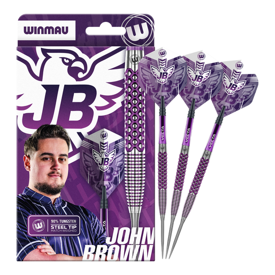 Zu sehen ist das komplette Winmau John Brown Signature Edition Steeldarts - 23g Set. Dieses Produkt steht für Präzision und Qualität im Dartspiel.