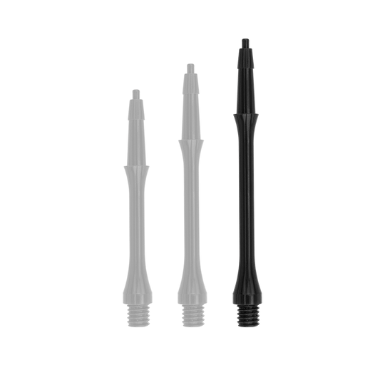 Das Bild zeigt drei schwarze Harrows Clic Slim Shafts in unterschiedlichen Längen. Sie sind dünn, zylindrisch und haben an einem Ende ein Gewinde.