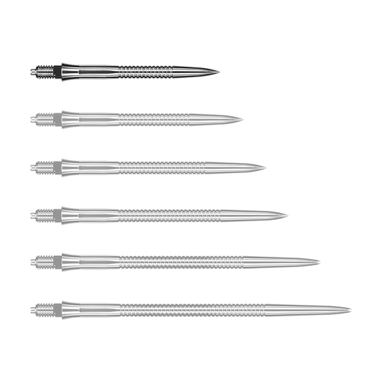 Puntas de dardo Caliburn EZ-EVO - Ranuradas - Plateadas Das Bild zeigt eine silberne Dartspitze mit Rillen. Die Dartspitze ist 28 mm lang.