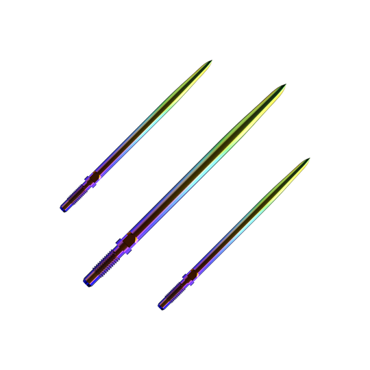Ein Bild mit dem Dateinamen BU57716_BullsNL_Convertible_Points_Smooth_Rainbow_36mm_1Set. Es zeigt wahrscheinlich ein Set von Dartspitzen in Regenbogenfarben.