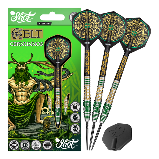 Shot Celt Cernunnos Turbo Point Steeldarts Das Produktfoto zeigt mehrere Shot Celt Cernunnos TurboPoints Steeldarts. Die Darts sind als Gruppe abgebildet.