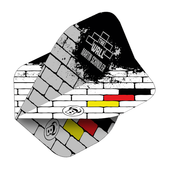 Standardní lety Bulls B-Star Martin Schindler White No2 Das Bild zeigt die Bulls B-Star Martin Schindler White No2 Standard Flights. Das Design erinnert an eine weiße Backsteinmauer mit den Farben der deutschen Flagge und dem Text "The Wall Martin Schindler".