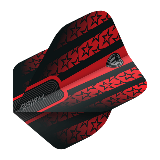 6915-178_Winmau_Prism_Alpha_6915-178_Standard_Flights_2 Das Bild zeigt das Produkt "Winmau Prism Alpha 6915.178 Standard Flights". Die Flights sind rot-schwarz gestaltet und mit Sternmustern verziert.