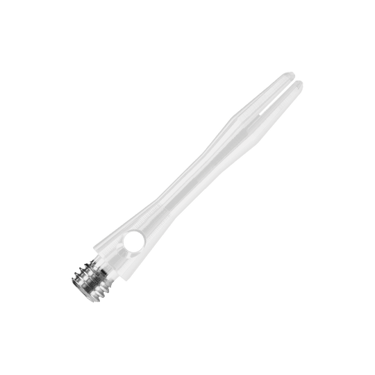 Das Bild zeigt einen weißen Harrows Keramic Shaft für Dartpfeile. Der Schaft hat ein glattes, leicht durchsichtiges Design mit einem Metallgewinde am Ende.