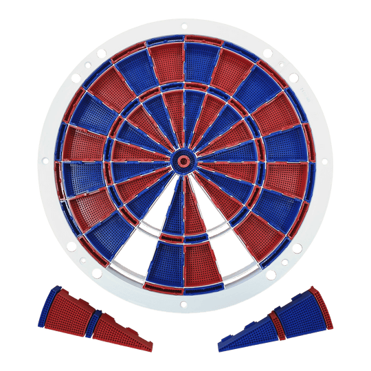 Náhradní díly pro šipky Löwen Dart, sada 82 segmentů a pavouků Auf dem Bild ist ein Ersatzteil-Set für eine elektronische Dartscheibe zu sehen. Die Segmente sind abwechselnd rot und blau gefärbt und werden von einem weißen Rahmen gehalten.