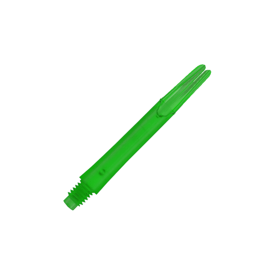 L-L-Style-Shafts Locked Straight - Green Auf dem Bild ist ein grüner, gerader Dart-Schaft zu sehen. Der Schaft hat ein Gewinde am unteren Ende und eine gesplittete Spitze am oberen Ende.