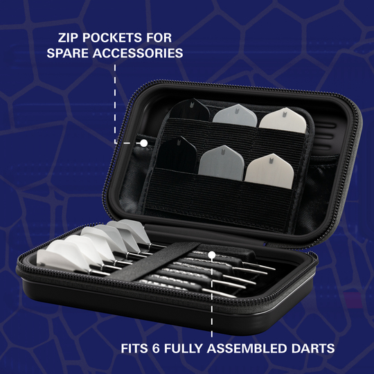 Pouzdro na šipky Target Takoma Josh Rock XL Das Bild zeigt das Produkt "Target Takoma Josh Rock XL Dartcase". Es bietet Platz für sechs vollständig montierte Darts und hat Reißverschlusstaschen für Ersatz-Zubehör.