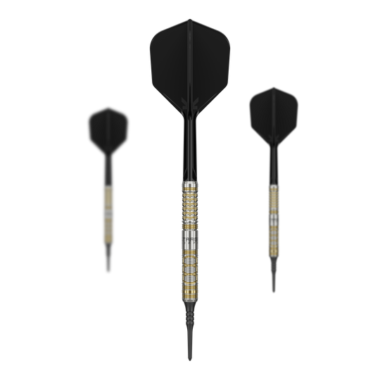 Dardos blandos Target Japan Black Marque Reyn GEN2 - 17,5 g Das Bild zeigt drei Softdarts des Modells "Target Japan Black Marque Reyn GEN2" mit einem Gewicht von 17,5g. Die Darts haben schwarze Flights und einen metallisch gold-silbernen Schaft.