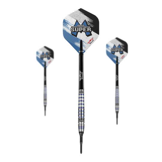 Dardos suaves Bulls NL Mario Vandenbogaerde 90% - 20 g Auf dem Bild sind drei Softdarts des Modells "Bulls NL Mario Vandenbogaerde 90% Softdarts - 20g" zu sehen. Die Darts haben silberne und blaue Akzente mit dem Namen des Spielers auf den Flights.
