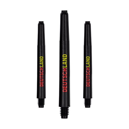 792_Nylon_Shafts_Deutschland_48mm_1 Das Bild zeigt drei schwarze Nylon-Schäfte mit der Aufschrift "DEUTSCHLAND" in den Farben Gelb und Rot. Die Schäfte sind in verschiedenen Längen dargestellt.