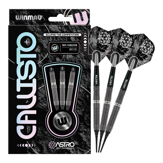 Měkké šipky Winmau Callisto 03 - 20g Das Bild zeigt die Winmau Callisto 03 Softdarts mit einem Gewicht von 20g. Die Verpackung enthält drei schwarze Softdarts mit auffälligen Flights und dem Hinweis auf 90% Tungsten.