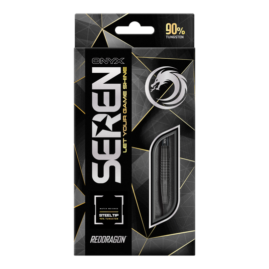 Ocelové šipky Red Dragon Seren 4 Onyx Das Bild zeigt die Verpackung der "Red Dragon Seren 4 Onyx Steeldarts". Auf der Verpackung steht, dass die Darts aus 90% Tungsten bestehen.