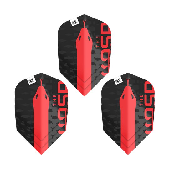 Letenky Target Pro Ultra Nathan Aspinall No6 – 3 sady Das Bild zeigt drei Sets der Target Pro Ultra Nathan Aspinall No6 Flights. Die Flights sind schwarz mit einem roten Schlangenmuster und dem Schriftzug "THE ASP".