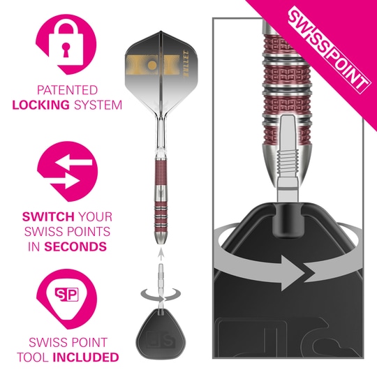 Dardos de acero Target Stephen Bunting 95K Swiss Point Das Bild zeigt die Target Stephen Bunting 95K Swiss Point Steeldarts mit einem patentierten Verriegelungssystem. Mit dem beiliegenden Swiss Point Tool lassen sich die Spitzen in wenigen Sekunden wechseln.