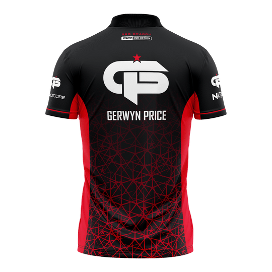 Red Dragon Gerwyn Price Red Tour Polo Dartshirt Dies ist ein schwarzes und rotes Dartshirt mit dem Namen "Gerwyn Price" auf dem Rücken. Auf dem Shirt befindet sich ein großes weißes Logo und geometrische rote Muster.