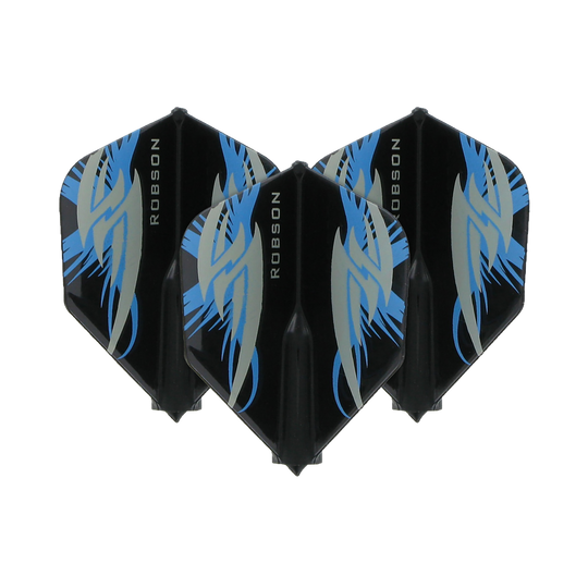 Robson Plus Flights Standard Argo Black Das Bild zeigt drei schwarze Dart-Flights der Marke Robson Plus mit blauen und grauen Mustern. Auf jedem Flight steht seitlich der Schriftzug "ROBSON".