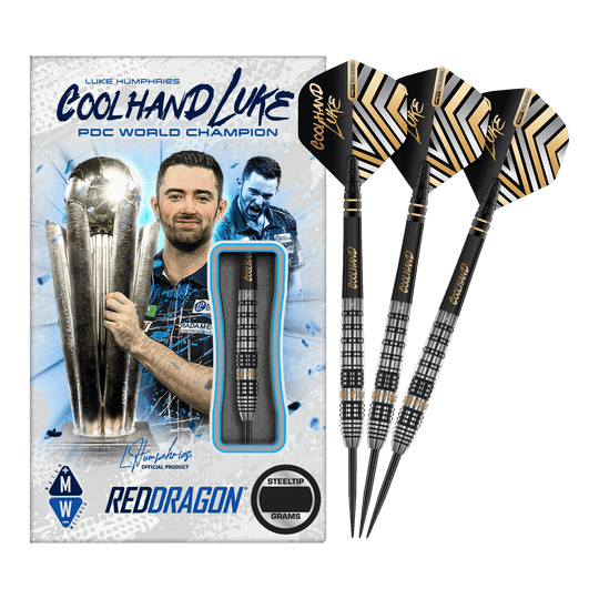 Dardos de acero Red Dragon Luke Humphries Prestige Das Bild zeigt eine Packung "Red Dragon Luke Humphries Prestige Steeldarts" mit einem Bild von Luke Humphries als PDC Weltmeister. Neben der Verpackung sind drei schwarz-silberne Steeldarts mit speziellen Flights abgebildet.