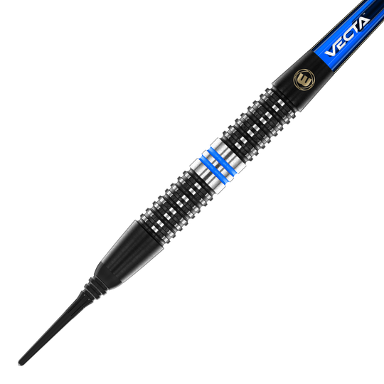Měkké šipky Winmau Galactics - 20g Das Bild zeigt einen Winmau Galactics Softdart mit einem Gewicht von 20 Gramm. Der Dart hat ein schwarzes Griffteil mit silbernen und blauen Akzenten.