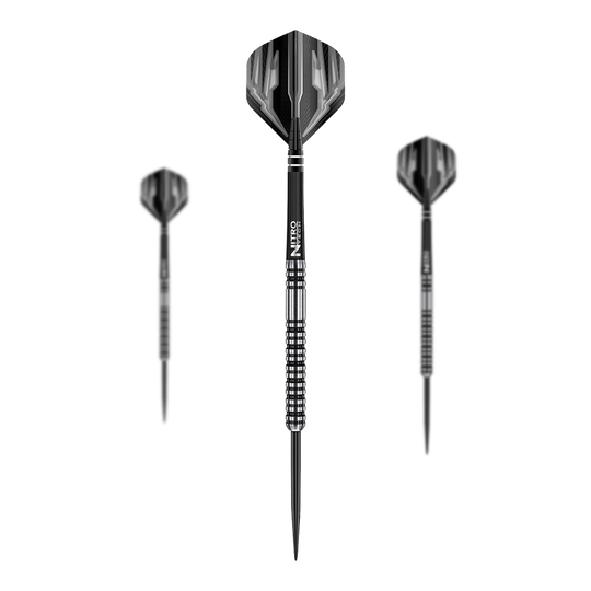 Red Dragon Dragonfly 3 fléchettes en acier Das Bild zeigt drei Steeldarts des Modells "Red Dragon Dragonfly 3". Die Darts haben ein schwarz-silbernes Design mit strukturiertem Griff.