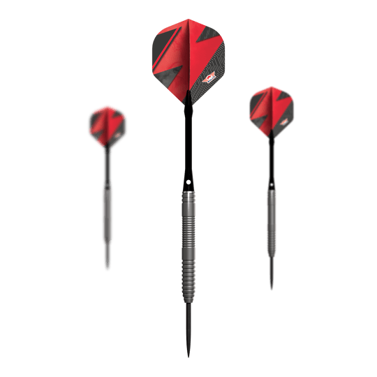 Bulls NL Lightning Red Steeldarts Das Bild zeigt drei Steeldarts mit silbernen Griffen und roten Flights. Es handelt sich um das Produkt "Bulls NL Lightning Red Steeldarts".