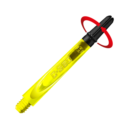 HR451_Harrows_Carbon_360_Shafts_Gelb_49mm_2_Symbol Das Bild zeigt einen gelben Dartshaft mit der Aufschrift "C-360". Oben ist ein schwarzer Teil mit einem roten Pfeil zu sehen, der auf eine Drehbewegung hinweist.