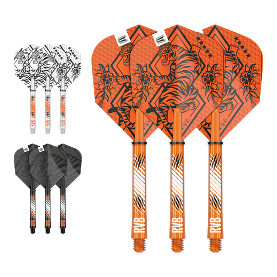 Target Ink Flight Shaft Kit Raymond Van Barneveld Auf dem Bild sind drei Sets von Dart-Flights und Schäften in den Farben Orange, Weiß und Schwarz zu sehen. Jedes Set ist mit einem Tiger-Design und den Initialen "RVB" verziert.