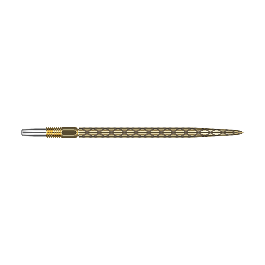 Target Swiss Diamond Pro Gold Dartspitzen Das Bild zeigt eine goldene Dartspitze mit einem diamantförmigen Muster. Die Spitze ist schmal und hat am vorderen Ende einen silbernen Bereich.