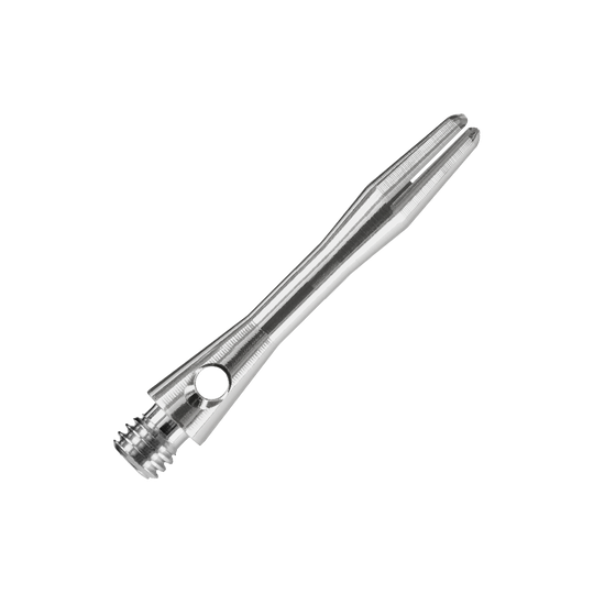 Das Bild zeigt einen Harrows Keramic Shaft in der Farbe Gun Metal. Der Schaft ist aus Metall gefertigt und hat ein glänzendes, silber-graues Aussehen.