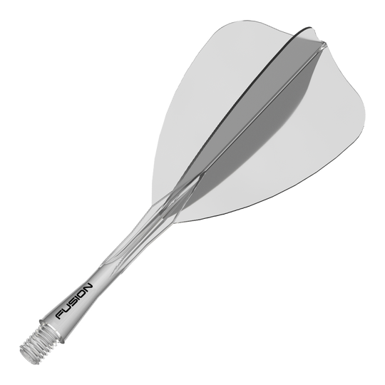 Winmau Fusion Flight-Shaft-System Arrow Clear Das Bild zeigt ein Dartzubehör, wahrscheinlich einen transparenten Shaft oder Flight. Der Dateiname weist auf 'Winmau Fusion Flight Shaft System Arrow Clear 28mm 1' hin.