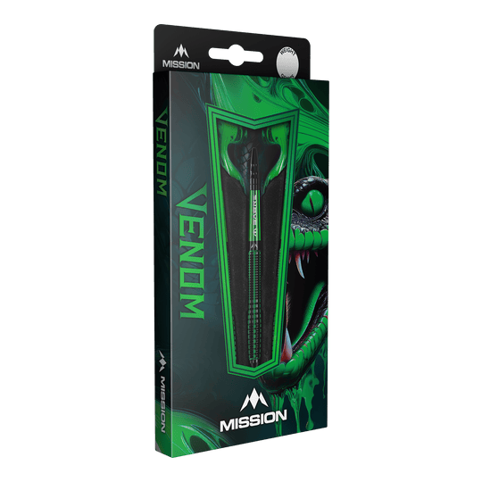 Šipky Mission Venom Softdarts - 20g Die Abbildung zeigt die Verpackung der "Mission Venom Softdarts - 20g". Das Design ist in Grün gehalten und zeigt einen Schlangenkopf sowie den Schriftzug "Venom".