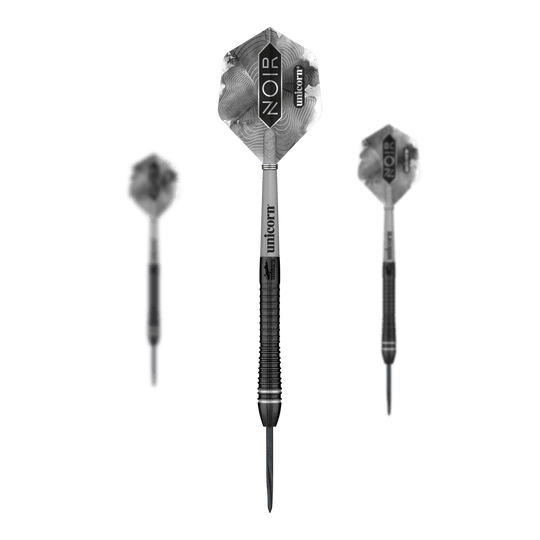 Dardos de acero Gary Anderson Noir Phase 6 del campeón mundial Unicorn Das Bild zeigt drei Steeldarts des Modells „Unicorn World Champion Gary Anderson Noir Phase 6“. Die Pfeile sind schwarz-silber und tragen die Aufschrift „NOIR“ und „unicorn“ auf den Flights.
