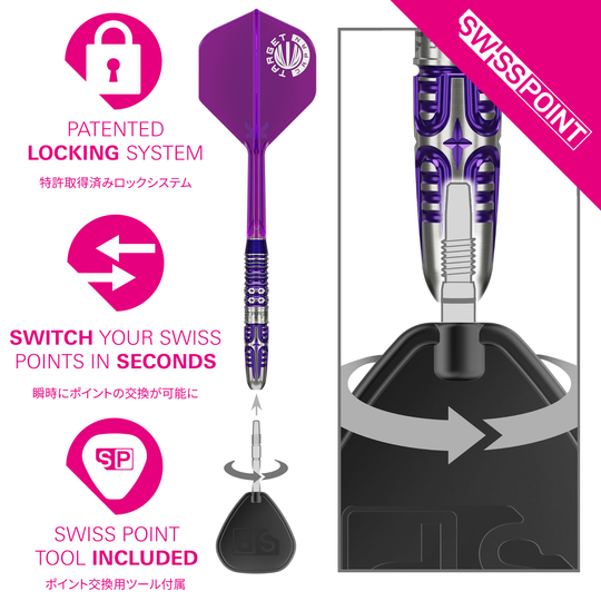 Šipky Target Japan Endeavour Kasumi Sato GEN3 Swiss Point Steeldarts Hier sind die Target Japan Endeavour Kasumi Sato GEN3 Swiss Point Steeldarts zu sehen. Die Aufnahme zeigt die Darts aus einer Detailperspektive.