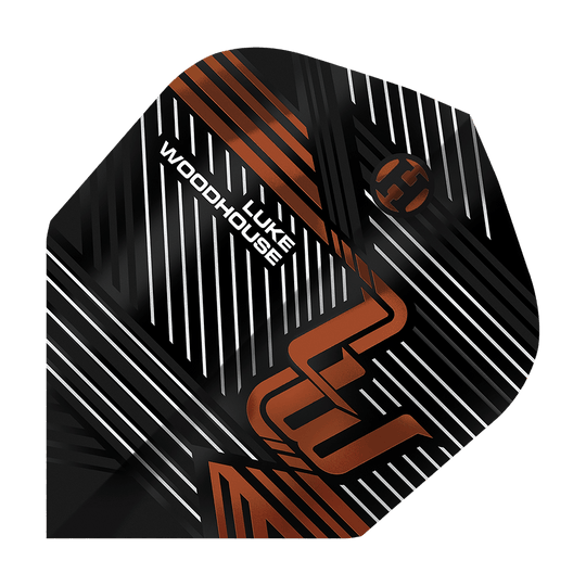 Harrowovy lety Luka Woodhousea, série 2 Das Bild zeigt das Produkt "Harrows Luke Woodhouse Series 2 Flights". Auf dem Flight sind schwarze, weiße und kupferfarbene Linien mit dem Namen "Luke Woodhouse" abgebildet.