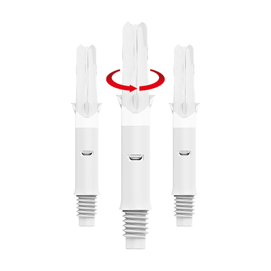 Wałki L-L-Style-Shafts Silent Straight - białe Das Bild zeigt drei weiße Dartschäfte in einer Reihe. Über dem mittleren Schaft ist ein roter Pfeil, der eine Drehbewegung anzeigt.