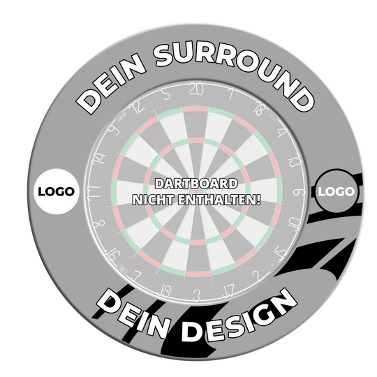 Dartboard Surround mit Deinem Design Ein weiteres graues Dartboard-Surround mit individuellem Druck ist zu sehen. Die Ansicht zeigt eine andere Perspektive des Surrounds.