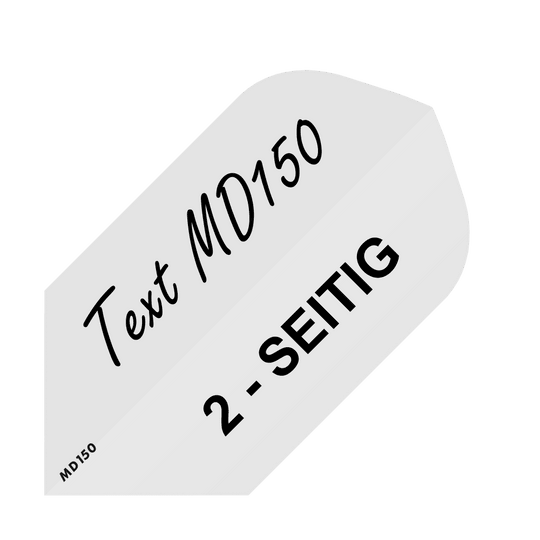 MD-251_2-Seitig_Bedruckte_Flights_Wunschtext_MD150_Weiss_Slim_1 Das Bild zeigt ein Muster für bedruckte Flights mit dem Text "Text MD150" und "2-SEITIG". Es handelt sich um das Produkt "10 Satz Bedruckte Flights 2-Seitig - Wunschtext - MD150 Slim".