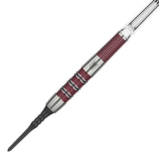Dardos blandos Target Stephen Bunting 95K - 19 g Das Bild zeigt einen Target Stephen Bunting 95K Softdart mit einem Gewicht von 19 Gramm. Der Dart hat ein silbernes und rotes Griffdesign mit einer schwarzen Softspitze.
