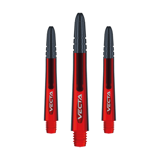 7025-203_Winmau_Vecta_Shafts_Rot_40mm_10SKgspeGSP8VK Auf dem Bild sind drei rote Winmau Vecta Shafts zu sehen. Die Schäfte haben schwarze Enden und tragen den Schriftzug "VECTA".