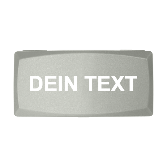 ABS Box mit Wunschdruck Auf dem Bild ist eine graue Box zu sehen. Auf der Box steht in weißen Buchstaben "DEIN TEXT".