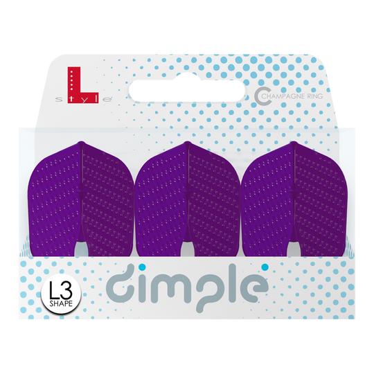 Das Bild zeigt eine Verpackung mit drei lila Dart-Flights namens "L-Style Flights Dimple Champagne L3PRO Shape". Die Verpackung ist weiß mit blauen Punkten und gut lesbarer Produktbeschriftung.