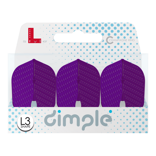 L-Style Flights Dimple Champagne L3PRO Shape Das Bild zeigt eine Verpackung mit drei lila Dart-Flights namens "L-Style Flights Dimple Champagne L3PRO Shape". Die Verpackung ist weiß mit blauen Punkten und gut lesbarer Produktbeschriftung.