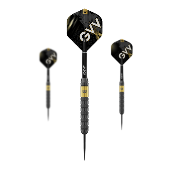 Abgebildet ist ein Set von Winmau Gian Van Veen Core Brass Steeldarts 21g. Die drei Darts sind nebeneinander angeordnet.