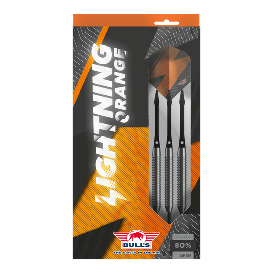 Dardos de acero naranja Bulls NL Lightning Das Bild zeigt die Verpackung der "Bulls NL Lightning Orange Steeldarts". In der Packung befinden sich drei Steeldarts mit orange-schwarzem Design.