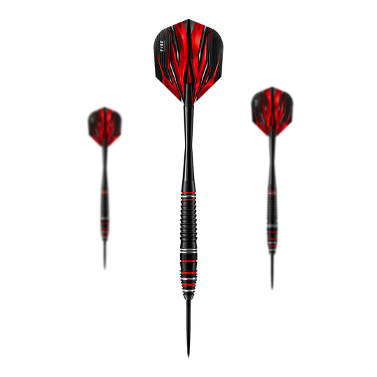 Šipky z vysoce kvalitní oceli Harrows Fire Auf dem Bild sind die Harrows Fire High Grade Alloy Steeldarts zu sehen. Die Darts haben ein schwarzes Design mit roten Flammen auf den Flights.