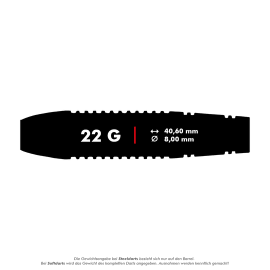 RD2137_Red_Dragon_Reflex_Softdarts_5_22g Das Bild zeigt die Produktbeschreibung für den Red Dragon Reflex Softdart mit einem Gewicht von 22 Gramm. Die Maße des Barrels sind 40,60 mm Länge und 8,00 mm Durchmesser.