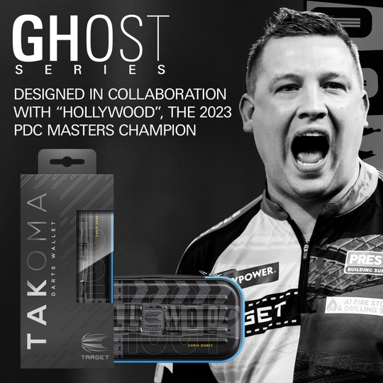 Zu sehen ist das Dartcase der Takoma Ghost Series Chris Dobey. Das Produkt wurde für Darts-Fans gestaltet und ist hochwertig verarbeitet.
